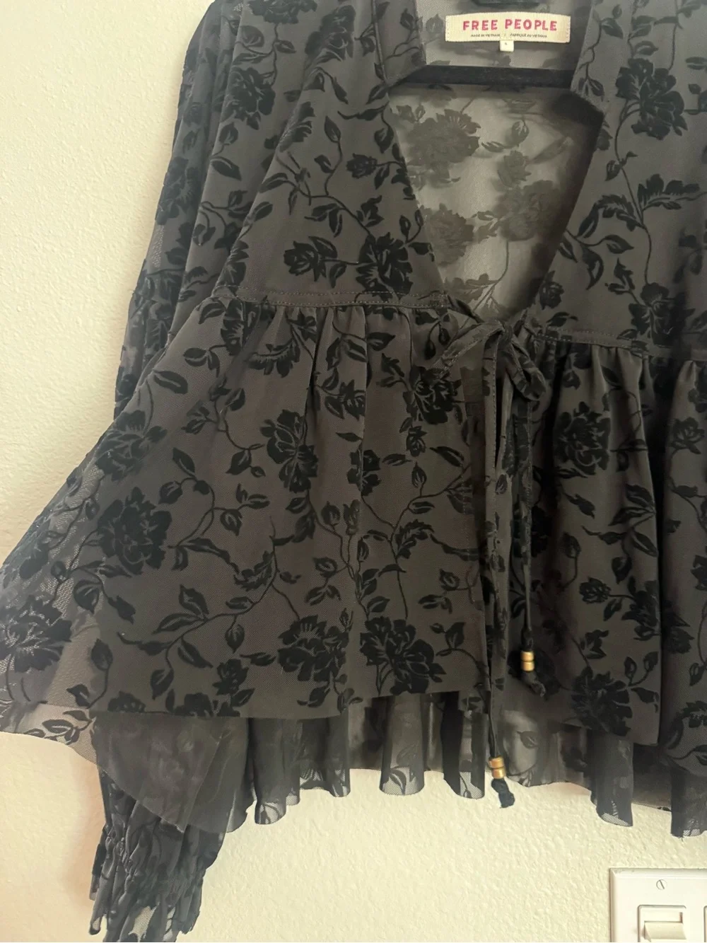 Free People Wednesday Bed Jacket Sheer Floral Velvet Tie-Front Blouse - Black